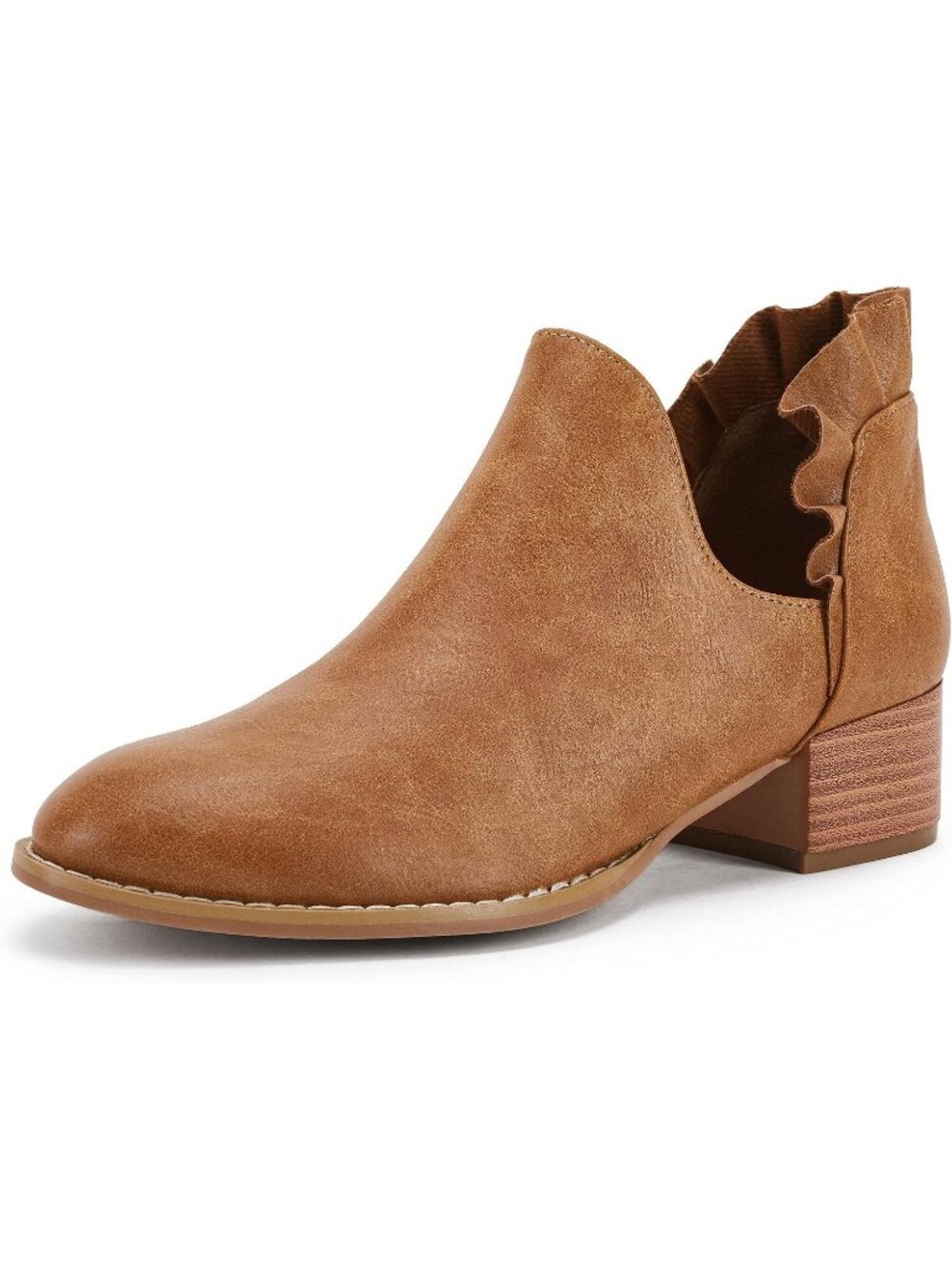 Women's Brown Ruffled Ankle Boots V Cut Out Pointed Toe Low Heel Western Booties
